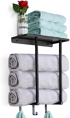 Amazon.com: Towel Rack Wall Mounted,Towel Rack with Metal Shelf and 3 ...