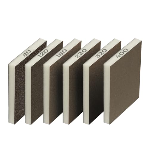 STEBRUAM 6個セット サンディング スポンジ, 120mm×100mm 80 120 180 220 320 400番 サンディングブロック, 洗って再利用可能 サンドスポンジ キッチンの掃除シンク 木工DIY作業 金属 研磨スポンジ
