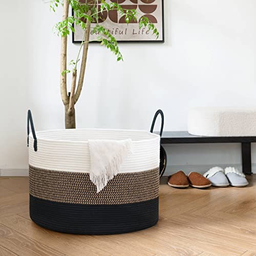 Hichen Large Woven Rope Basket With Handles, Blanket Basket Living Room, Baby Toy Nursery Storage Basket, Large Round Laundry Basket, 21.7 X 13.8 Inches, 83L #TOP2