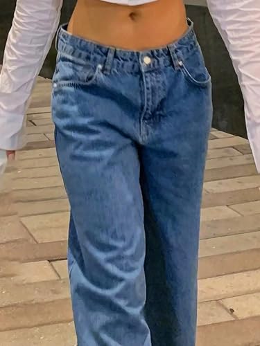 Straight Leg Jeans for Women Casual Washed Vintage Wide Fit Boyfriend Baggy Low Waisted Denim Pants with Snap-Button4