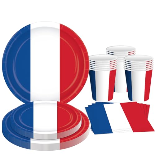 Lot de 50 assiettes à dessert, tasses et serviettes en papier Motif drapeau français Bleu/blanc/rouge