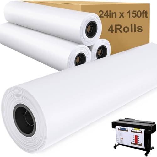 Plotter Paper 24' x 150', 2' Core 4.2 mil - 80 g/m² 20lb Bond Tracing Paper Roll for Wide Format Ink Jet Printers | Architectural Blueprints, Engineering Drawings, CAD, Custom-Sized Prints (4 Rolls）