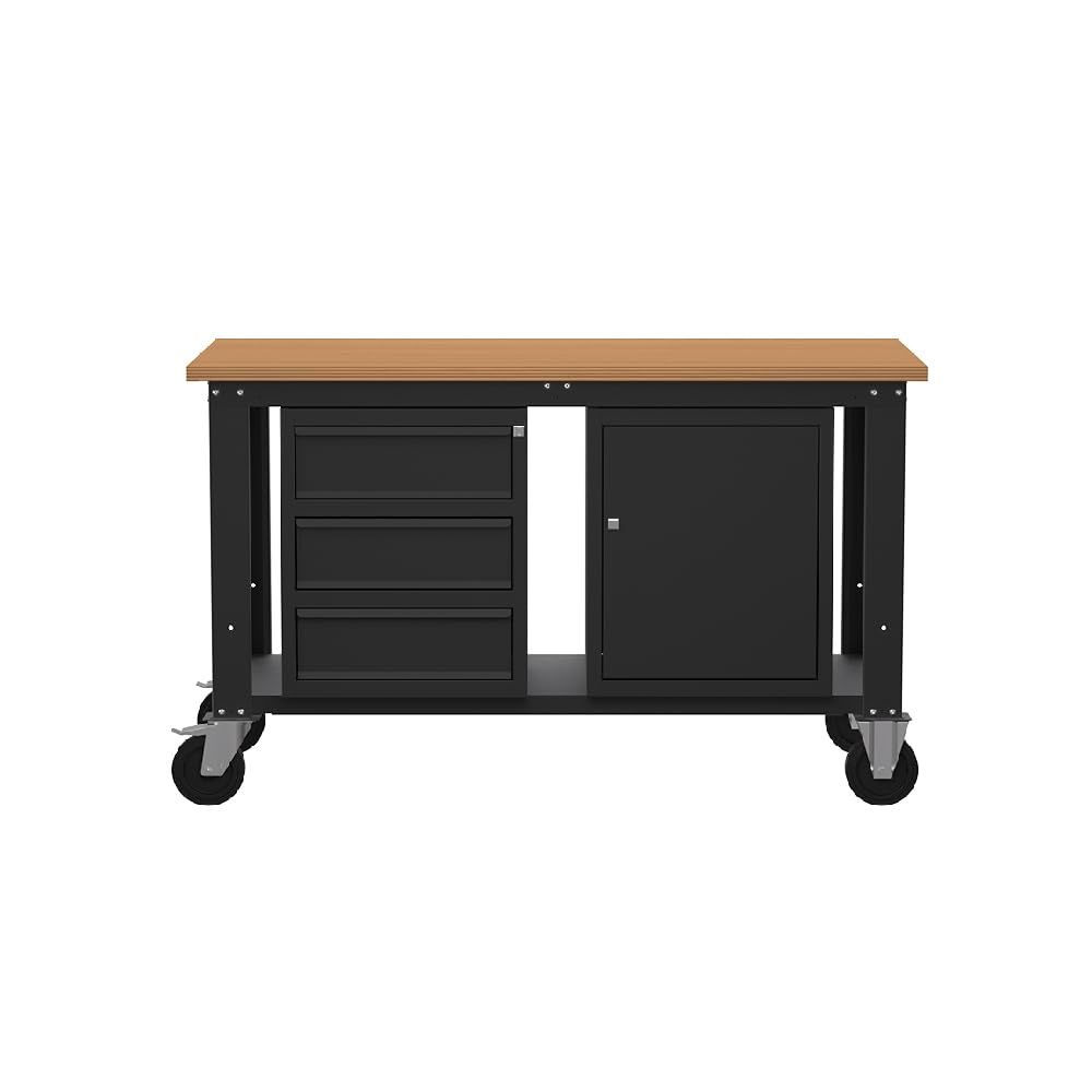 SOGI X3N_111LR Banco lavoro con ruote 1.5 m - piano in legno - 3 cassetti + armadio con anta