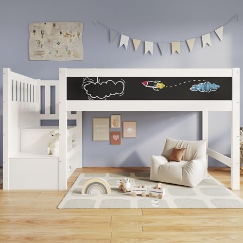 Merax Kinderbett Halbhochbett 90x200 cm, mit Whiteboard&Tafel für Kinder, Hochbett mit Treppe Staufach Stauraum-austauschbar, Lattenrost und Rausfallschutz, Ohne Matratze, Weiß/253x97x112cm