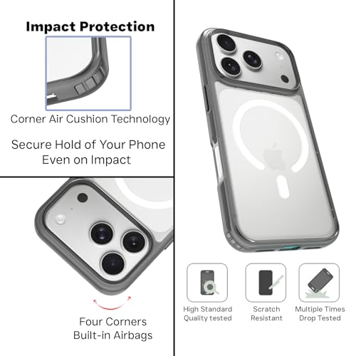 Image of RIGGEAR Shockproof Clear Hybrid Armor Magnetic Back Cover Case Compatible with MagSafe Accessories for iPhone 17 Pro (Clear-Black TPU Bumper + Transparent PC) (White MagRing)