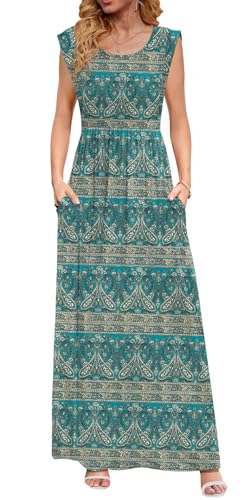 Image of DB MOON Womens 2026 Maxi Dresses Empire Waist Long Summer Dress Casual Cap Short Sleeve Sundress with Pockets