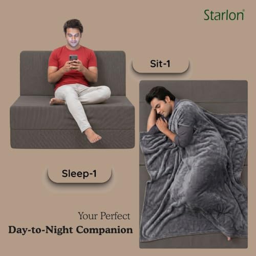 Image of Starlon 1 Seater Sofa Cum Bed Foldable 3-in-1 Sofa Bed with 1 Year Warranty, Washable Jute Fabric Cover & 1 Floral Pillow | Guest Bed | Coffee Brown 2.5x6 Ft