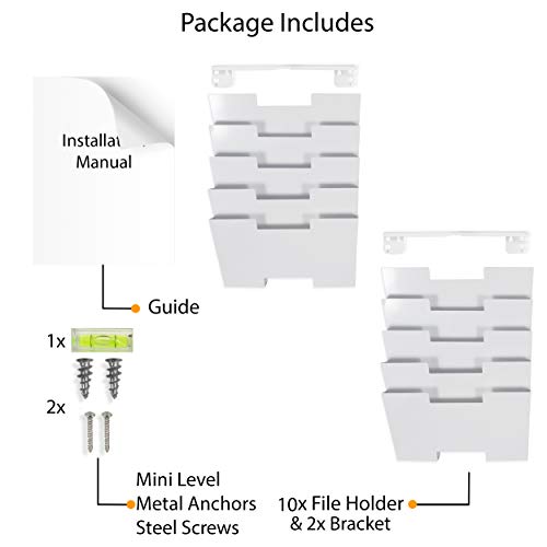 Wallniture Lisbon 10-Tier Wall Mounted File Holder and Desk Organizer, Metal White Office Organization and Storage Rack - Thumbnail 6
