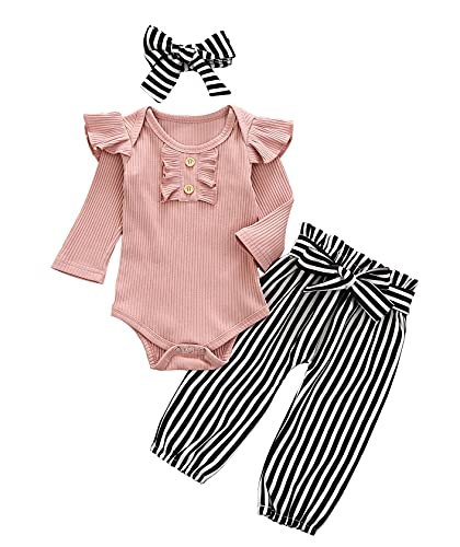Image of ADXSUN Newborn Baby Girl Clothes Ribbed Ruffled Romper+Striped/Cow/Leopard Flared Pants Infant Outifts 0-18 Months