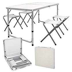 ECD Germany Set Tavolo da Campeggio Pieghevole con 4 Sedie 120 x 60 x 55/63/70 cm Cerniera Bianco in Alluminio MDF Tavolo da Picnic Regolabile Bianco Tavolo Pieghevole Campeggio Bianco con 4 Sgabelli