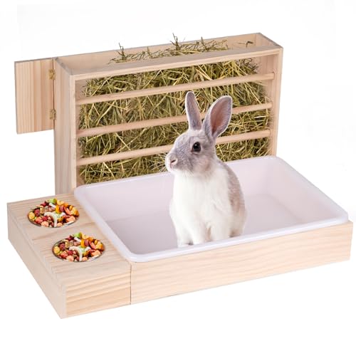 JLUHYANN Rabbit Hay Feeder with Litter Box, Bowl Tray for Small Bunnies