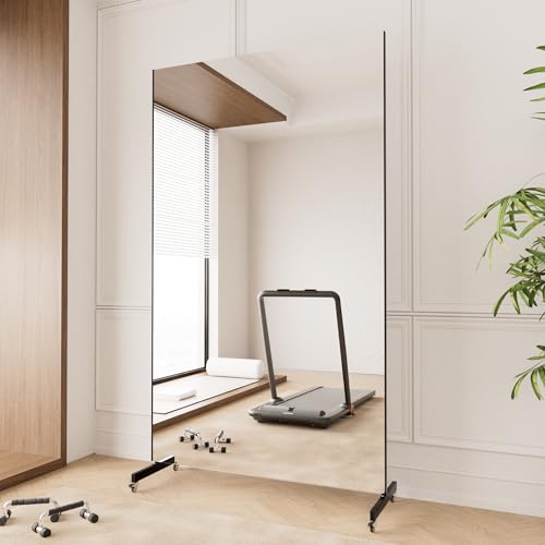 brisafe Home Gym Mirror 360° Swivel on Wheels, 79" X 47" Extra Large Full Body Rolling Mirror for Yoga, Nano Film Super Lightweight Unbreakable Floor Mirror, Black, 12lbs