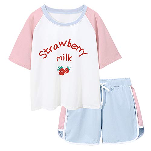 Women's Sleepwear Cute Strawberry Print Tee and Shorts Pajama Set (Pink Blue, Medium)