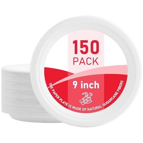 VPACKDUO 150 Pack Compostable Paper Plates 9 Inch Heavy Duty Disposable Dinnerware White Paper Plates Made of Biodegradable Bagasse Sugarcane Fiber