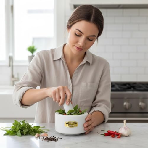 Image of JMH Marble Handmade Stone Mortar and Pestle Set | Ohkli Musal /Kharal khalbatta for Medicine, Spices Grinder Masher (White, 3 Inch)
