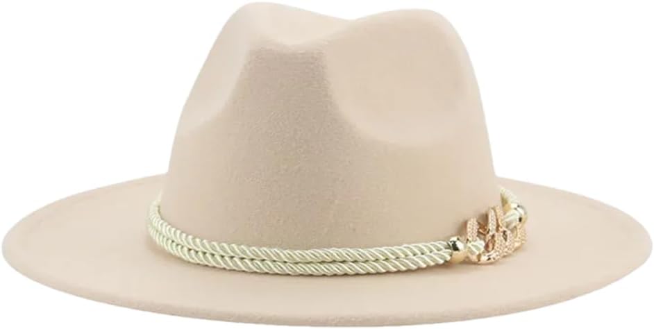 Women Hat Solid Belt Fedora Hats Formal Wedding Church Felted Fedora Hats Sombreros Beige 56-58cm(Adults)