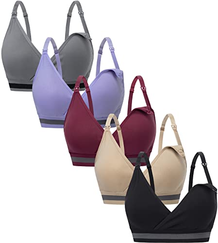 Image of Suekaphin 5Pack Nursing Bra Deep V Neck for Breastfeeding,Seamless Maternity Bralette Wirefree Padded Cup Nursing Bra