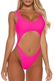 Sovoyontee Women's Rose Red Sexy One Piece Bathing Suit High Cut Cutout Thong Bikini Swimsuit M