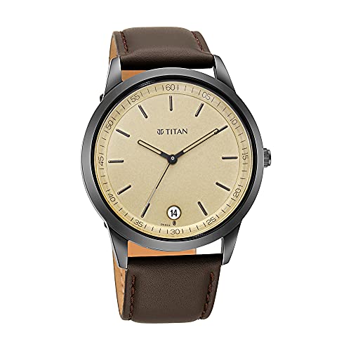 Image of Titan Minimalist Timeless Style Quartz Analog With Date Champagne Dial Dark Brown Leather Strap Watch for Men - NP1806NL02