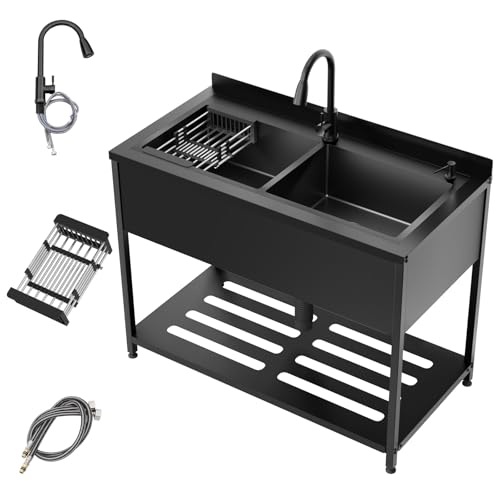 Image of Stainless Steel Utility Sink,47.6 inch x 24.1 inch x 36.6 inch,2 Compartment Sink Freestanding Commercial Sink,with Cold and Hot Water Faucet,Hoses and Drain Kit,Freestanding Sink for Kitchens, Bathrooms, Garage
