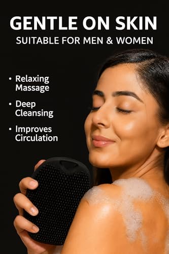 Image of Ross Silicone Body Scrubber for Bath & Shower | Soft Exfoliating Silicone Loofah Brush with Easy Grip | Hygienic, Quick Dry, Durable Body Scrubber for Deep Cleansing & Gentle Skin Care for Men & Women (Black, Pack of 1)