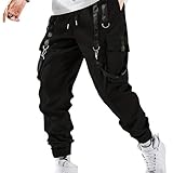 HaiZi XiHuan Men's Jogger Pants Punk Cargo Baggy Techwear Hip Hop Harem Streetwear Tactical Track Pants, Black, Large