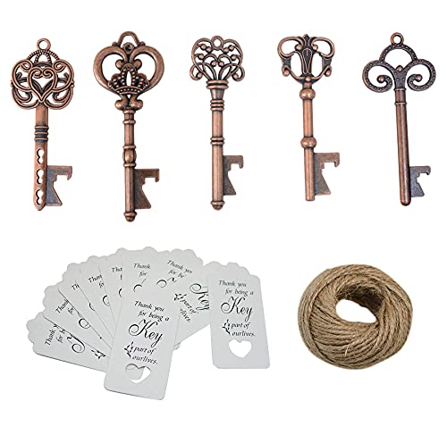 50Pcs Copper Skeleton Key Beer Bottle Opener With 100 Pcs Thank You Card And 98 Feet Hemp Rope For Wedding Party Favors (Copper-White Cards) #TOP1
