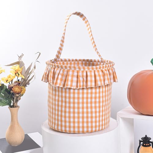 Halloween Woven Checkered Basket with Tassel Decor - Rustic Handheld