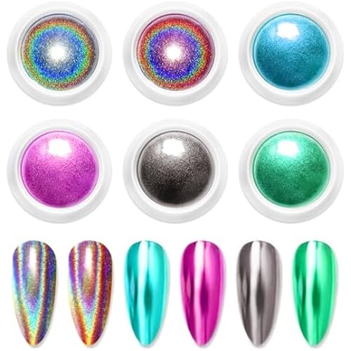 Chrome Nail Powder 6 Boxes Metallic Mirror Effect Nail Art Powder, Holographic Pigment Glitter Dust for Gel Polish Manicure Decoration with 6 Eyeshadow Sticks