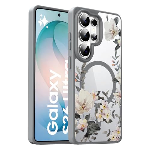 Image of VONZEE Compatible with Samsung Galaxy S26 Ultra 5G Case Luxury Retro Flowers Floral Clear for Magnetic Wireless Charging Case Shockproof PC+TPU Cute Glossy Shiny Cover for Girls Women, Grey