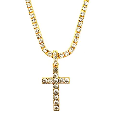HH Bling Empire Mens Iced Out Hip Hop Silver Gold Artificial Diamond Ankh Cross Pendant cz Tennis Chain Necklace 22 Inch (Cross C -Gold, with Tennis)