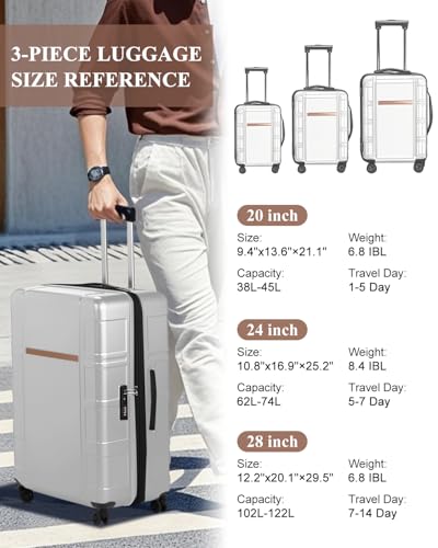 Luggage Sets with Spinner Wheels 3 Piece, Expandable Hard Shell Luggage Sets with TSA Lock, Hardside Spinner Suitcases PC+ABS for Men Women (Grey, 20/24/28inch)2