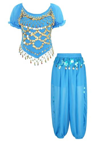 Eandarui Women's Belly Dance Outfits Sequin Ruffle Sleeve Crop Top with Chiffon Lantern Pants Sky Blue One Size