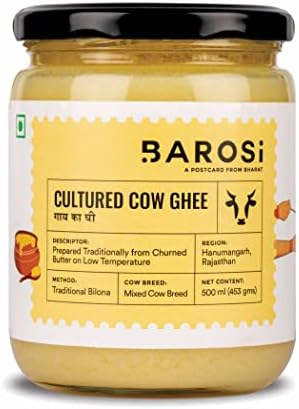 BAROSI Cultured Desi Cow Ghee 500ML | Traditional Bilona Method | Curd Churned Danedar Ghee | Lab Tested | Grass-Fed Desi Cow | Pure, Natural, Aromatic | Shudh Cow Ghee | Glass Jar(500ml)