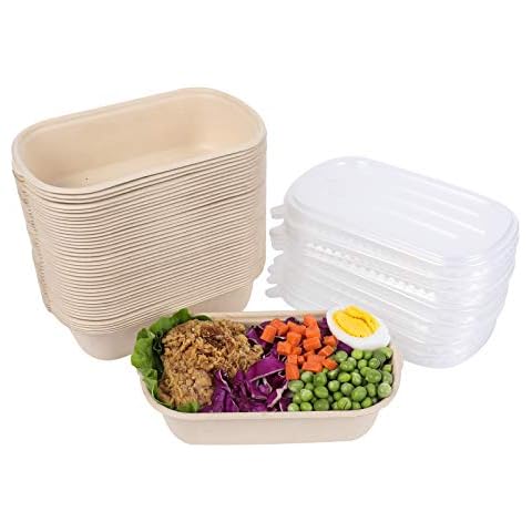 JAYEEY 23 oz Disposable salad bowls with lids, Sugarcane Fiber Paper Bowls take away food containers meal prep food storage deli container 50 Pack Cover