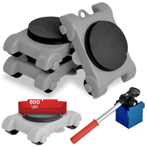 Furniture Mover Dolly with 4 Wheels, 4 Sliders and Lifter Tool - 900lbs Load Capacity - Adjustable Height for Appliance, Table, and Sofa Moving