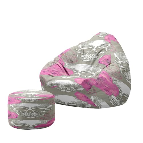 Hiseng Funda Puff Pera con Reposapies Sin Relleno S M L XL XXL, Puff Sin Relleno Lavable Grande Pequeño para Infantil Adultos Almacenaje de Juguetes de Peluche (Impresión de Calavera 5,90x110cm)