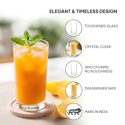 Image of CELLO Liberty Hi-Ball Glass Set of 6 Pcs 250ml, Transparent | Freezer & Fridge Safe, Leadfree Dishwasher Safe Toughened Crystal Clear Glasses Set for Drinking Water Juice Milk Cocktail Mocktail Soda