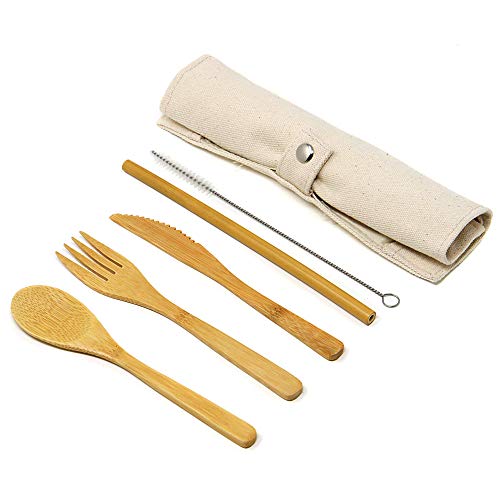 Maison & White Set di posate di bambù riutilizzabile | Kit di utensili in legno per viaggi e campeggio biodegradabili, eco-compatibili