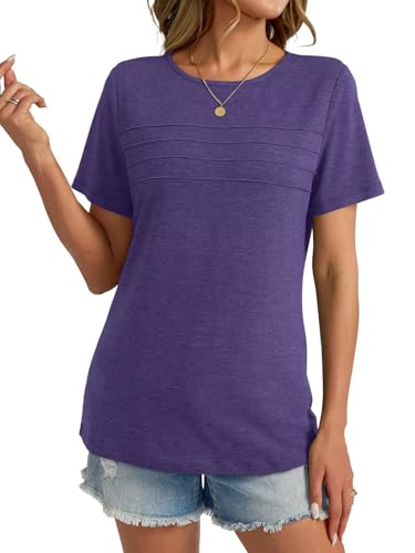 Womens Short Sleeve T Shirt Crewneck Pleated Shirts Dressy Casual Loose Fit Tee Summer Trendy Tops 20254