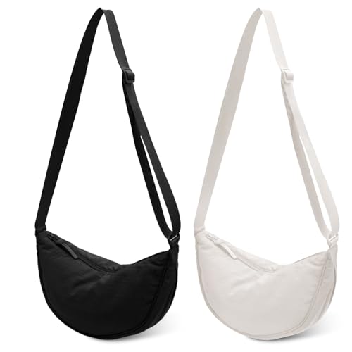 AYNKH Paquete de 2 riñoneras cruzadas de nailon con correa ajustable, impermeables, ligeras, sencillas, unisex para compras diarias, viajes, viajes, negro y blanco, Talla única