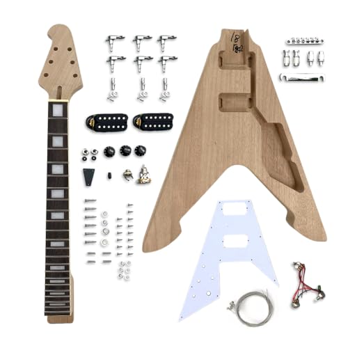 WUQIMUSC DIY electric guitar kit Flying V Solid wood Mahogany guitar body and 22 fret 24.75 inch neck Build on own All Components Included