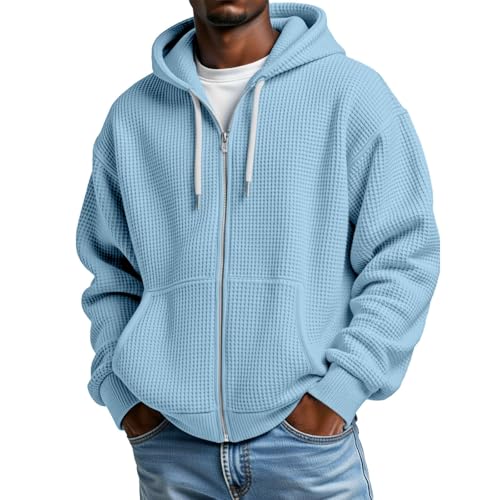 Zip Up Hoodie Men Waffle Knit Casual Hooded Sweatshirts With Pocket - image 4