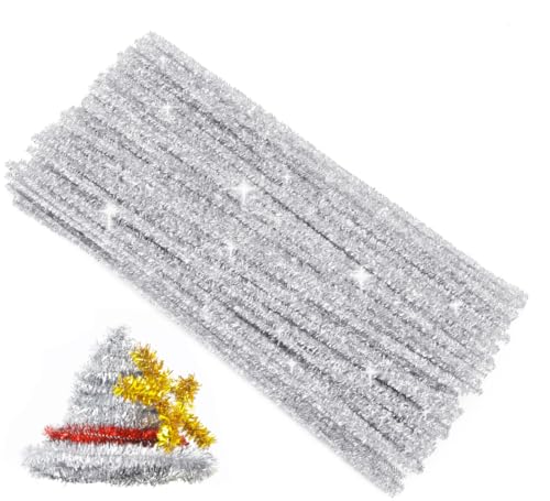 Bundooraking Silver Glitter Pipe Cleaners for Crafts 12in Chenille Stems Art and Craft Supplies for DIY Projects Decorations and Creative Crafting