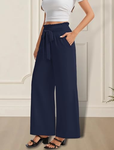 LUXEBOLD Wide Leg Pants for Women with Bow Detail and Side Pockets Comfortable Elastic Waist Dress Pants for Business Casual Office Wrinkle Resistant Stretchy Pants for Work Navy Blue S — view 3