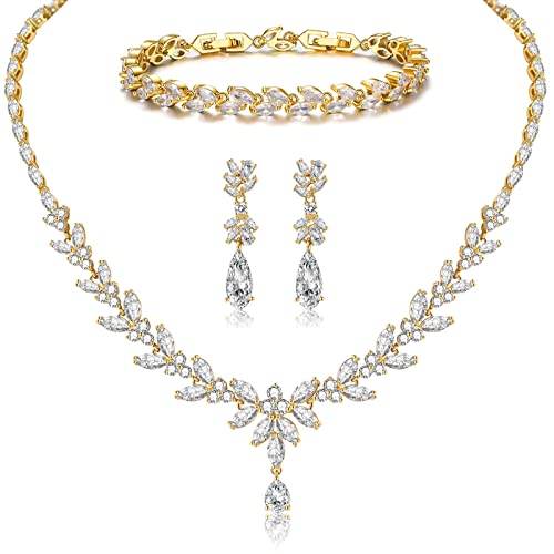 Jewelry Set for Women, Cubic Zirconia Necklace Dangle Earrings & Bracelet Jewelry Set for Bride Bridesmaid Wedding Engagement Prom Party