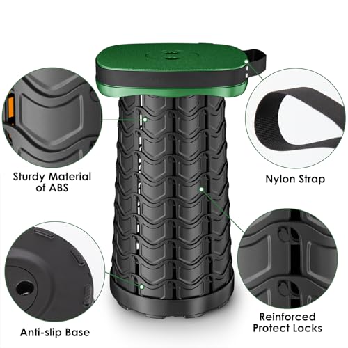Image of aboutool Folding Camping Stool, Square Collapsible Portable Stool with Elastic Seat Cushion& Adjustable Nylon Bag, Sturdy Lightweight Telescoping Foldable,Max Load 485lb (Green)