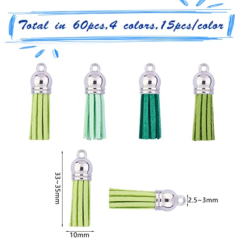 BEEFLYING 60 Pcs Green Faux Suede Tassel Pendant Decorations Mini Retro Charm with Platinum Plastic Cord Ends for DIY Bracelet Necklace Earring Jewellery Making - Image 2