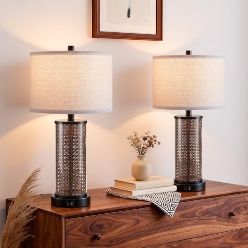 Lámparas de mesa de vidrio con rattan juego 2 pcs