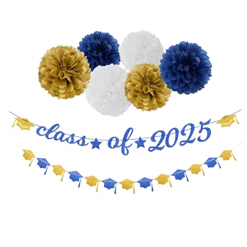 Navy-Blue White-Gold Party-Decorations Graduation Banner - 8pcs Kits Class of 2025 Cap Garland Streamers, Paper Tissue Pom Poms Flowers, Congratulations Grad Decor Lasting Surprise